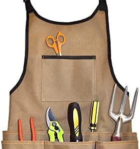 Gardening Apron With Pockets on Chest and Belt for Gardening Tools, Accessories and Fasten Belt with Adjustable Neck, Oxford Cloth Apron for Men & Women