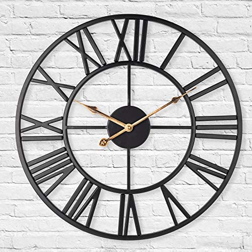 LENAUQ Silent Metal Skeleton Wall Clock, 40cm European Farmhouse Vintage Clock with Roman Numeral, Non-Ticking Battery Operated Hanging Wall Clock for Home Kitchen Cafe Hotel Office Decor(Black)