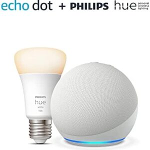 All-new Echo Dot (5th generation, 2022 release), Glacier White + Philips Hue White Smart Light Bulb LED (E27), Works with Alexa - Smart Home Starter Kit