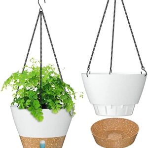 ZMTECH 2 Pack 8 Inches Hanging Plant Pot 20cm Garden Ornaments Flower Pots with Visible Water Level Tray Drainage Holes Removable Saucer for Indoor Outdoor Plants(White)