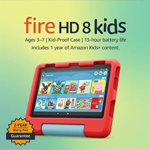All-new Fire HD 8 Kids tablet | 8-inch HD display, ages 3–7, includes 2-year worry-free guarantee, Kid-Proof Case, 32 GB, 2022 release, Red