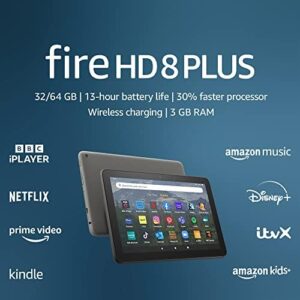 All-new Fire HD 8 Plus tablet | 8-inch HD display, 32 GB, 30% faster processor, 3 GB RAM, wireless charging, 2022 release, with ads, Grey