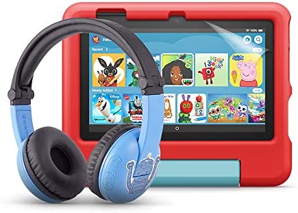 Fire 7 Kids tablet (32 GB, Red) + BuddyPhones (Blue) + NuPro transparent screen protector (2-pack)