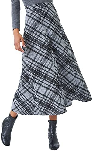 Roman Originals Check Print Stretch Skirt for Women UK - Ladies Everyday Holiday Autumn Winter Pull-On Elasticated Waistband Comfy Soft Evening Vacation Work Party
