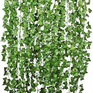 YQing 84 Ft-12 Pack Artificial Ivy Leaf Garland, Artificial Ivy Vines Hanging Plants English Ivy Garland Wedding Home Kitchen Garden Office Wedding Wall Decor