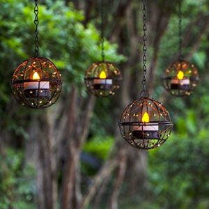 ZHONGXIN Solar Lights Outdoor Hanging Lanterns, Beaded Copper Wire Ball Candle Holder with Solar Tea Lights, Perfect for Home, Garden, Backyard, Pergola, Patio Umbrella, Tree, Window Decor-Set of 4