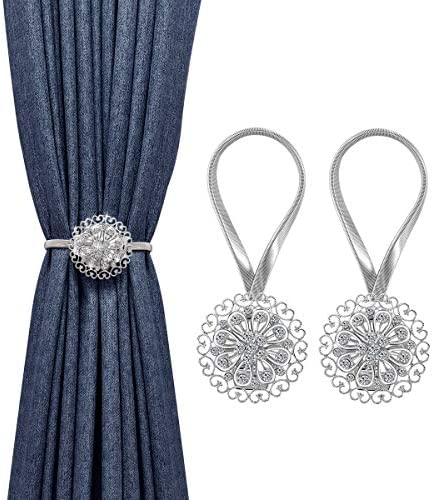 MoKo 2 Pack Flower Magnetic Curtain Tiebacks, Decorative Curtain Tie Backs, No Drilling Curtain Holdbacks, Stainless Spring Wire Drapery Curtain Holder Buckle for Home Office Decor - Silver