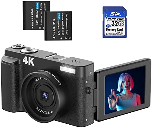 Sunscien Autofocus Digital Camera, 4K 48MP Vlogging Camera for YouTube, Autofocus Camera for Photography with 16X Digital Zoom, 32GB SD Card, 2 Batteries（Black）