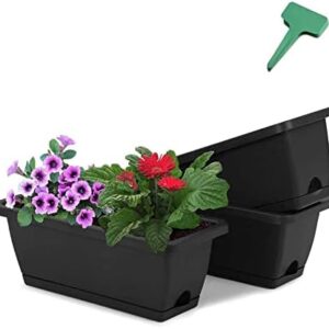 17 Inches 3 Packs Black Window Box Rectangular Flower Vegetable Planter Boxes Plastic Flower Pot with 15 Pcs Plant Labels, Plant Container with Saucer for Windowsill, Patio, Garden, Home Décor (Black)