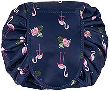 Large Capacity Lazy Makeup Toiletry Bag Drawstring Portable Travel Casual Waterproof Quick Pack Magic Makeup Storage Bag Perfect for Women Girls (DarkBlue Flamingo)