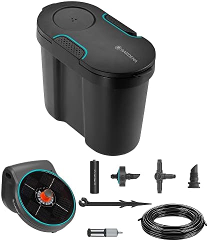 Gardena solar-powered AquaBloom irrigation set with water tank: Solar-powered irrigation set for up to 20 potted plants, control unit with 14 irrigation programmes (13301-20)