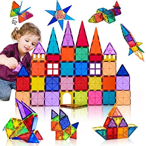 Magnetic Building Blocks 34PCS Magnetic Tiles for Kids Magnets Toys STEM Creative Construction Magnetic Toys for 3 4 5 6 Years Old Boys Girls Toddlers Kids Christmas Birthday Gifts for 3+ Boys Girls