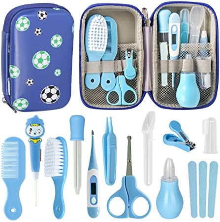 RoseFlower 12 in 1 Baby Grooming Kit Newborn, Baby Healthcare Kit Baby Essentials Accessories with Comb Hair Brush Nail Clipper, Baby Health Care Kit for Nursery Infant Toddlers Boys Girls, Blue