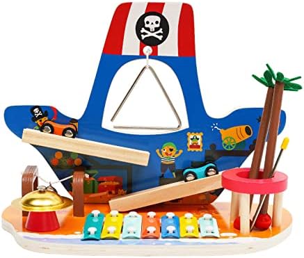 Wooden Musical Instrument Toy Set Pirate Ships Car Ramp Track Toy with 2 Mini Cars, Xylophone, Mallet, Bell, Triangle and Cymbal, Race Vehicle Playset Gift for 1 2 3 Year Old Toddlers Boys Girls