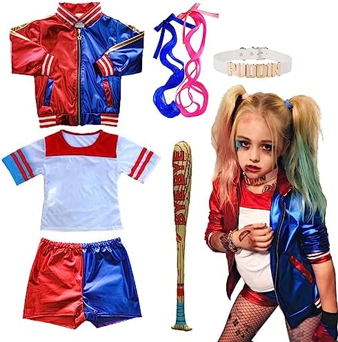 Amycute Quinn Costume for Kids Girls, Suicide Squad Costume Set Include Jacket T-shirt Shorts and Glove Halloween Carnival Cosplay Outfits Fancy Dress