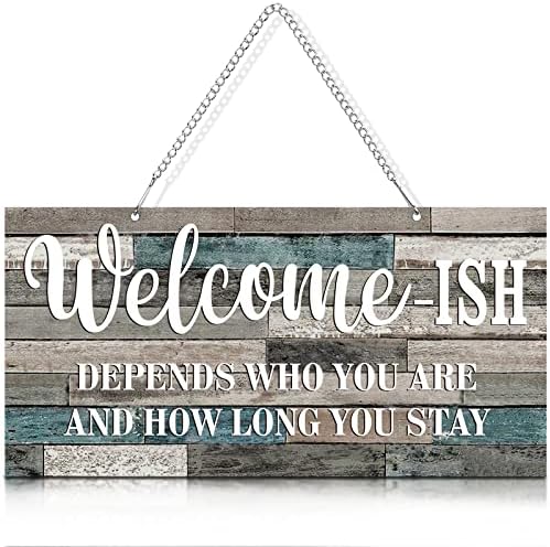 Hotop Funny Welcome Sign Front Door Welcome-ish Hanging 12 x 6 Inch, Rustic Wall Decor Farmhouse for Home Porch Entryway (White Words with Light Blue and Grey Base), (MY-Hotop-17508)