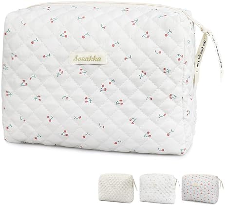 Travel Toiletry Bag, Cotton Floral Travel Makeup Bag, Portable Cosmetic Bag, Travel Makeup Storage Bag for Women Girls (Cherry-White)