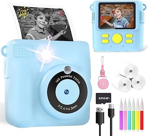 Kids Camera for Boys, Instant Print Camera for Kids with Photo Paper, 1080P Digital Camera for Children, Cool Toys Gifts for Boys Age 3 4 5 6 7 8 9 10 Years Old, Video Recorder, 32GB SD Card - Blue