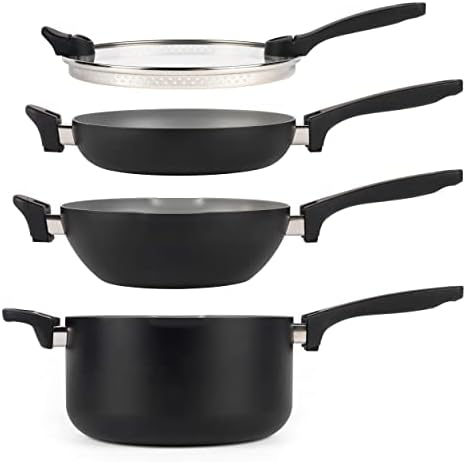 Salter BW10233 Stackable 4 Piece Pan Set, Space Saving, Pouring Lip, All Hob Types Including Induction, Non-Stick, Little to No Oil, Universal Glass Lid, Soft Touch Handle, Easy Clean, Grey, Black