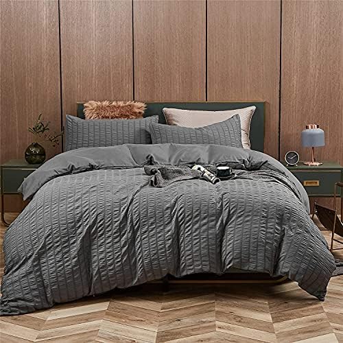 Seersucker Duvet Cover with Pillow Cases Charcoal Bedding Bed Set 100% Cotton Quilt Covers Double King Super King Size (Charcoal, King)