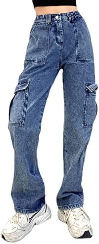 Zhuxuan Womens Baggy Jeans, Straight Leg High Waist Wide-Leg Jeans Wild Patchwork Vintage Baggy Denim Pants Streetwear (Blue,XXL)