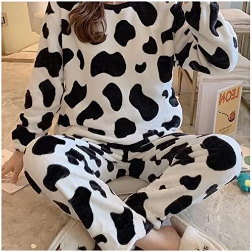 Women'S Two Piece Pyjamas Set - Winter Flannel Warm Sleepwear Cute Cow Long Sleeve Pullover Nightwear - Ladies Casual Coral Fleece Homewear Loungewear