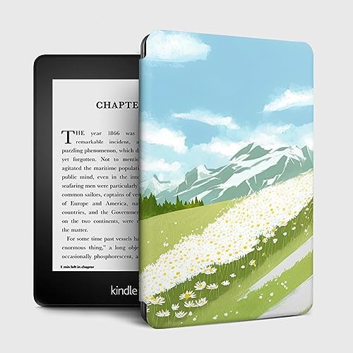 DELIGUO Case For Cover For Amazon Kindle Voyage Smart Case Cover – Slim Light, Pu Leather Cover Case, Full Device Protection & Smart Auto Sleep Wake-Sea Of Flowers Under The Mountain