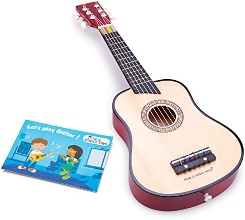New Classic Toys 10304 Wooden Guitar Toy for Toddlers 3 Boys and Girls Baby Gifts, Kids Musical Instruments for Childrens Three Year Old Inclusive Musicbook, Red, 10345, Natural, Delux-Naturel