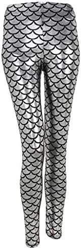 Ayliss New Mermaid Fish Scale Printed Leggings Stretch Tight Pants,Silver S