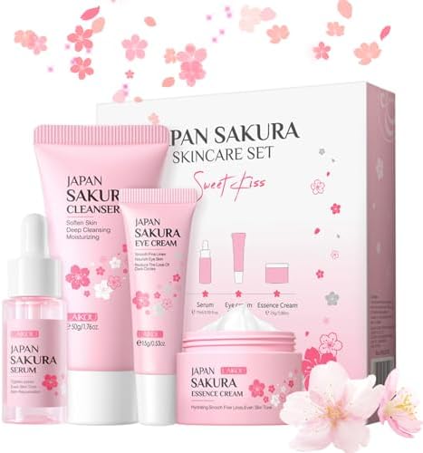 Skincare Set Gifts For Teenage Girls- Sakura Skin Care Sets & Kits With Cleaner,Face Serum Essence,face Moisturiser,Eye Serum for Pores,Blackheads,Exfoliate-Pamper Gifts For Women (4 Pack) (4 PCS)