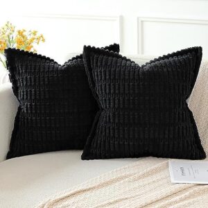 Artscope Black Cushion Covers Set of 2 Corduroy Decorative Square Striped Pillowcase with Stitched Edge Pillow Covers 40x40cm for Home Decor Sofa Bedroom Car