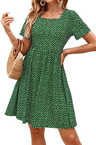 OUGES Womens Summer Dresses Square Neck Short Sleeve Casual Floral Dress Ladies Sundress with Pockets