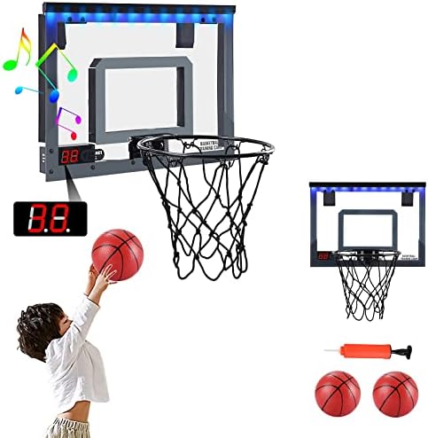 PELLOR Indoor Mini basketball Hoop Play Set with Electronic Scoring Function and Sound, Hanging Basketball Board with 2 Balls and Pump for Children Adult