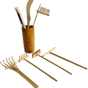 ZEN&TAO Natural Bamboo/Wood Made Miniature Six-Pieces Zen Garden Toolset Accessories for Meditation, Relaxation or Gift